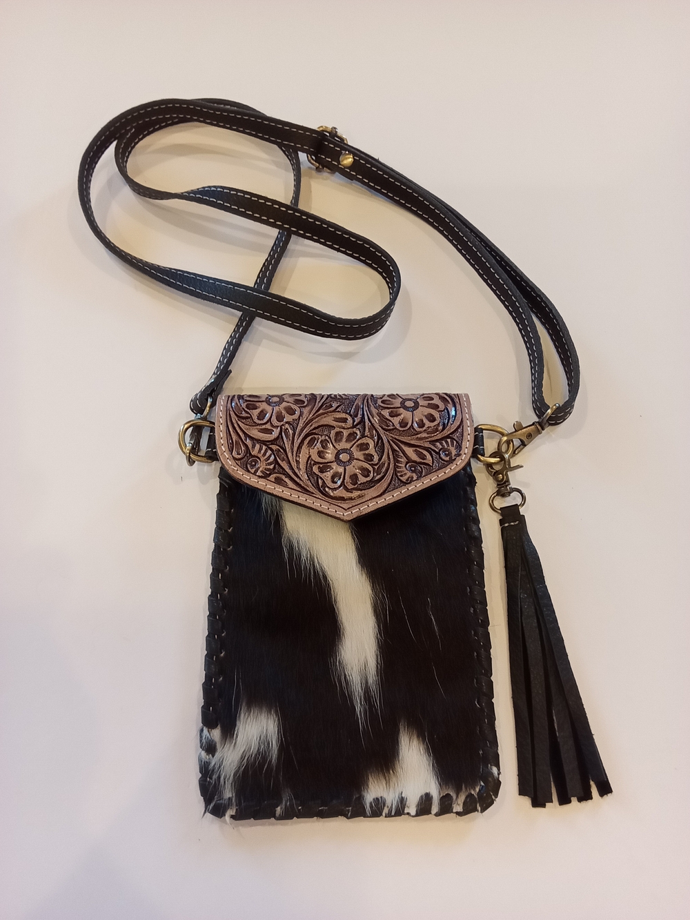 Myra Hand-Tooled Leather Hair-On Hide Crossbody Bag - Black & White Phone Purse